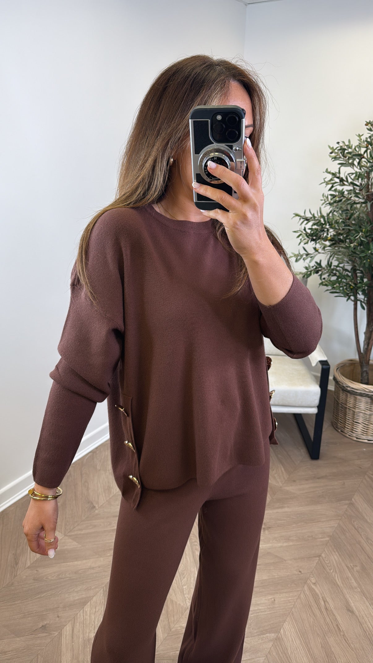 HARPER brown top and trousers knitted lounge set