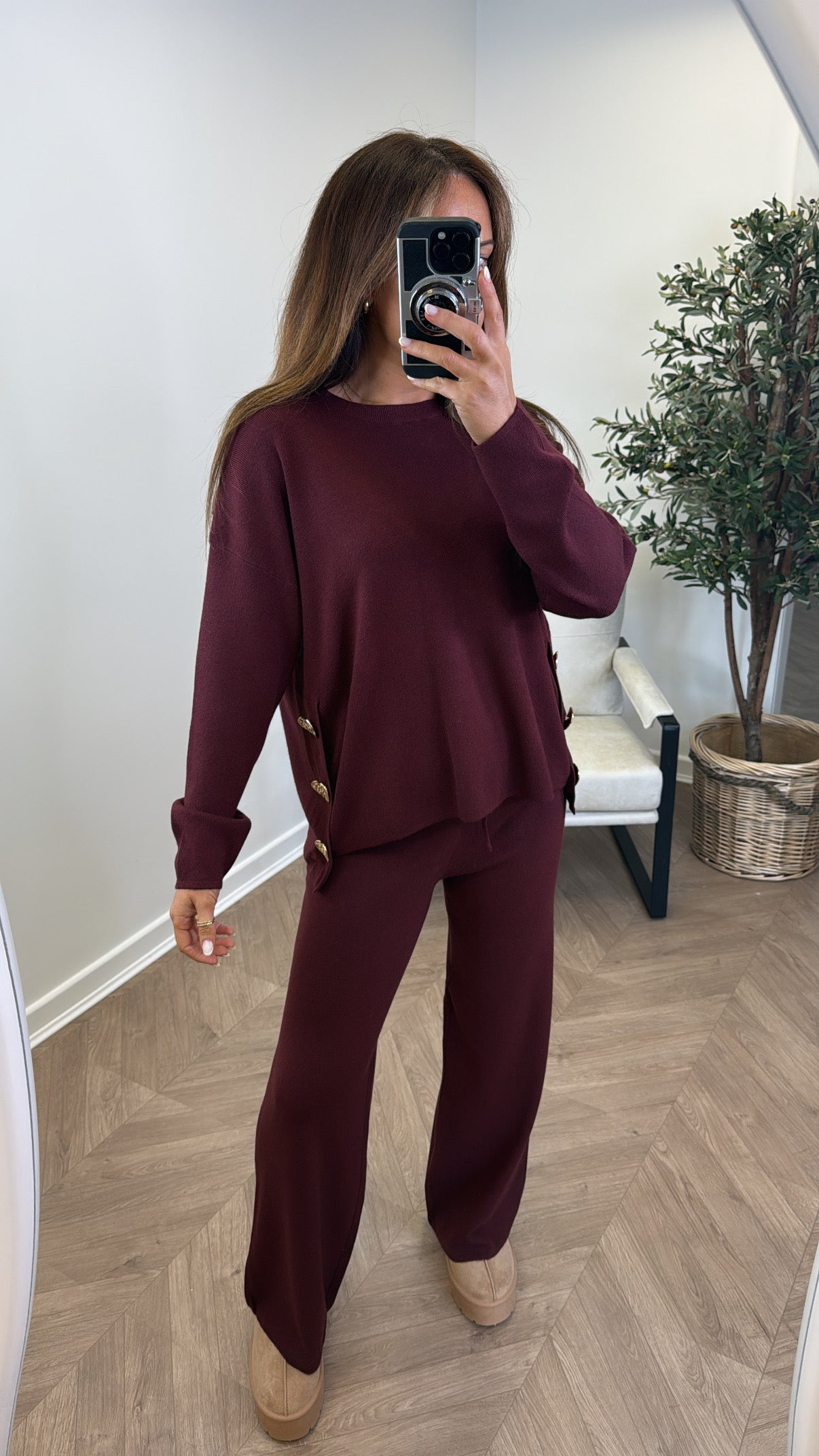 HARPER burgundy top and trousers knitted lounge set