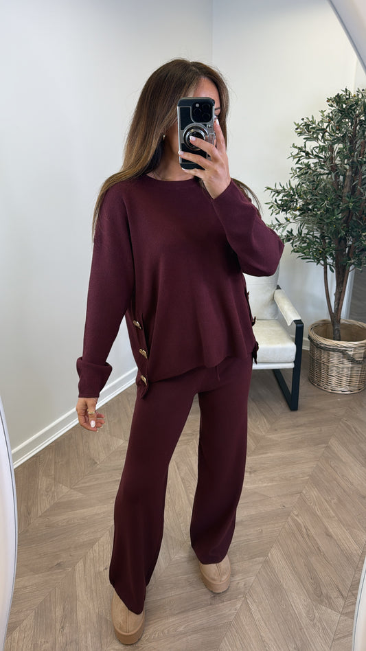 HARPER burgundy top and trousers knitted lounge set