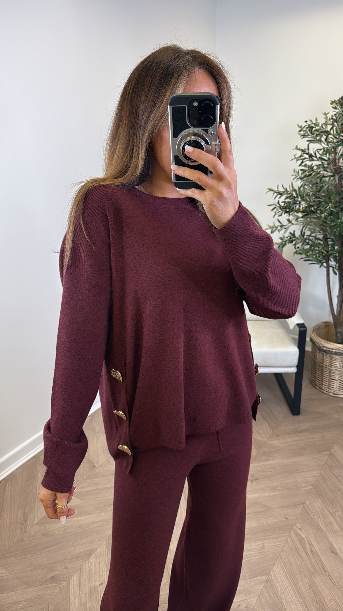 HARPER burgundy top and trousers knitted lounge set