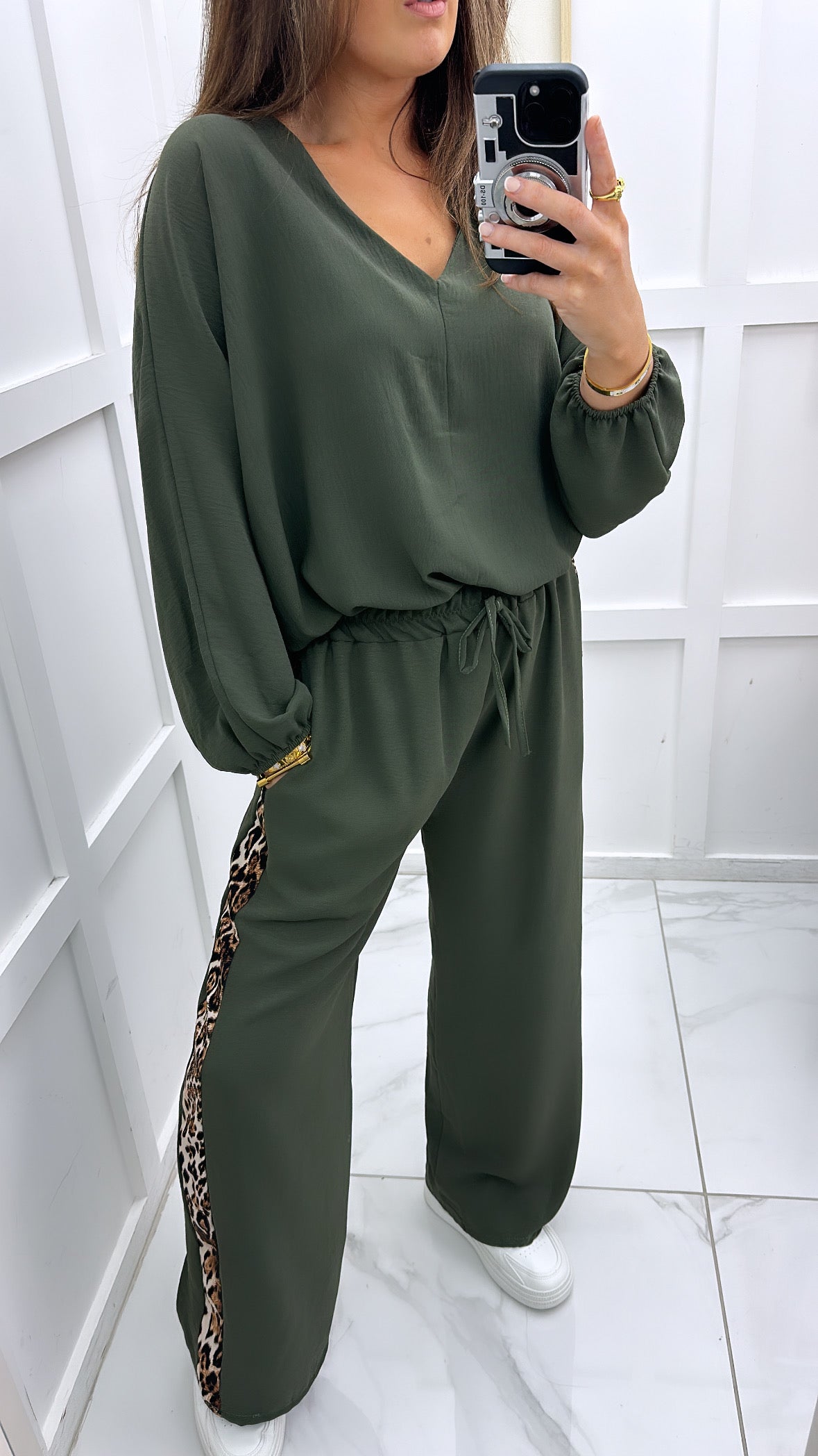 ELLE khaki trouser co-ord with leopard contrast