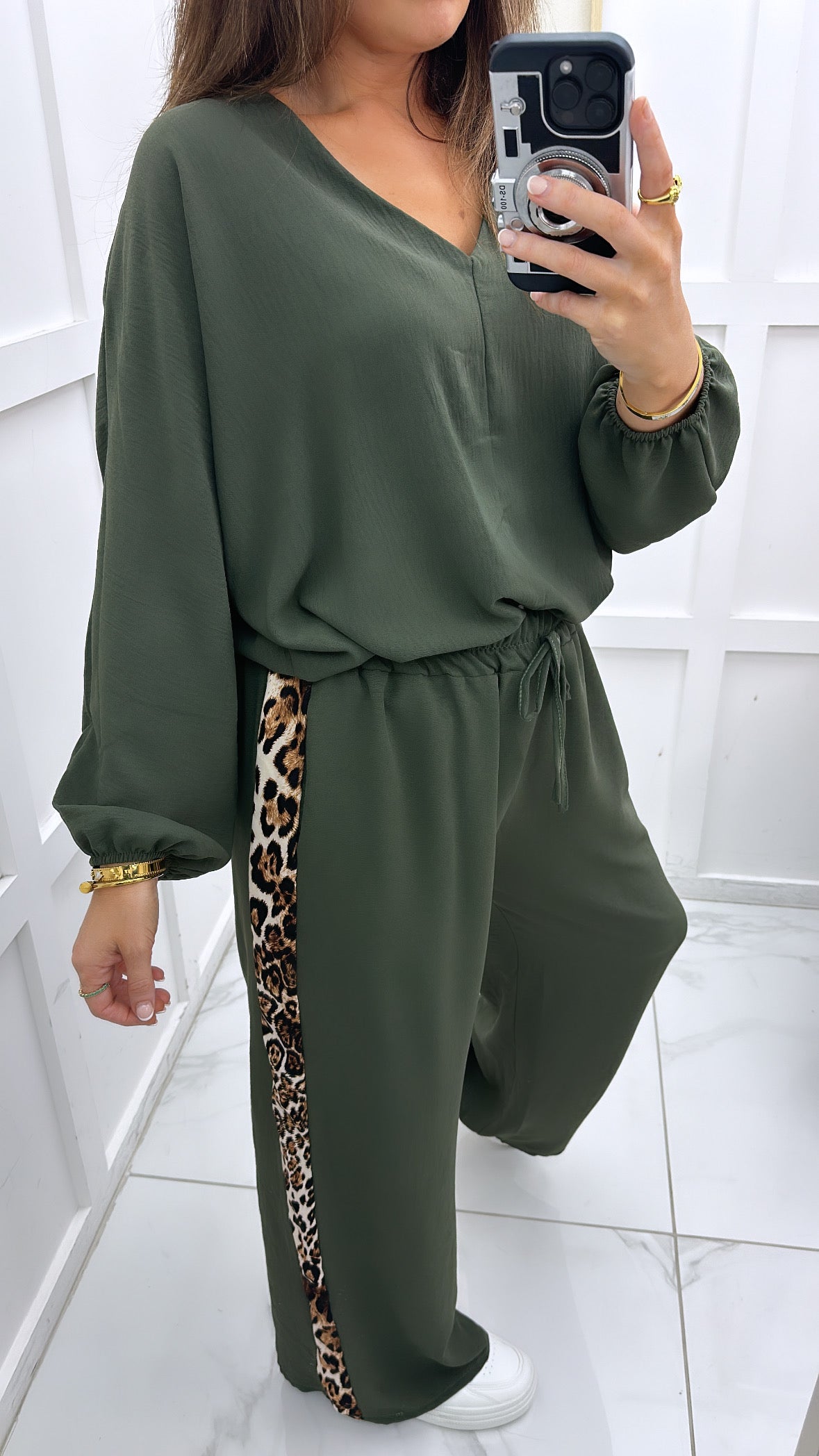 ELLE khaki trouser co-ord with leopard contrast