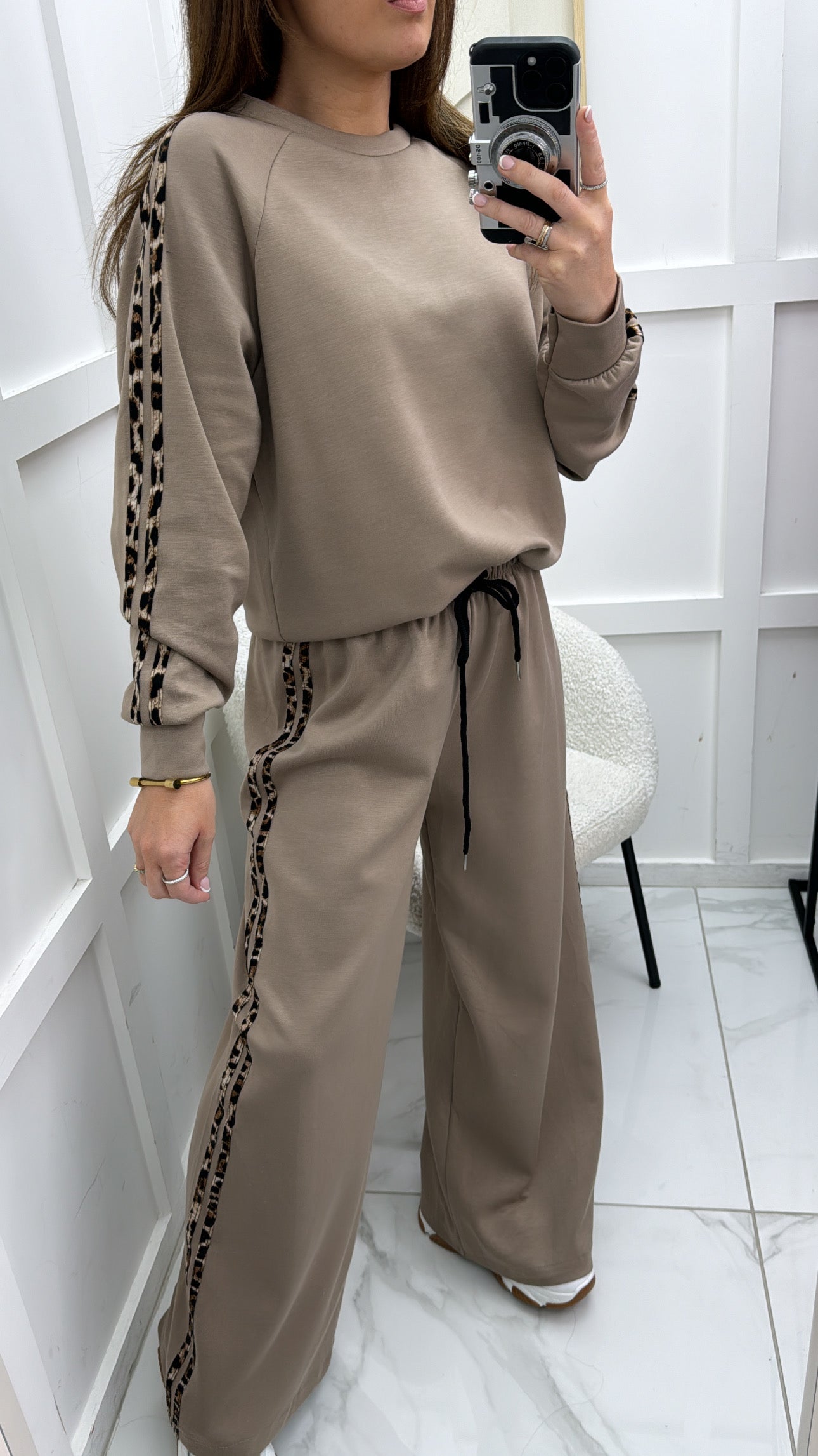 PHOEBE mocha lounge set with leopard print side stripes