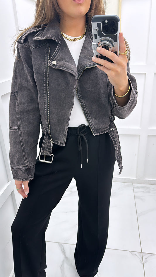 TASHA black denim biker style jacket