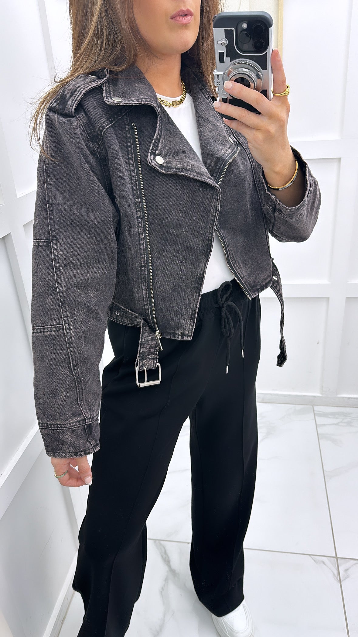 TASHA black denim biker style jacket