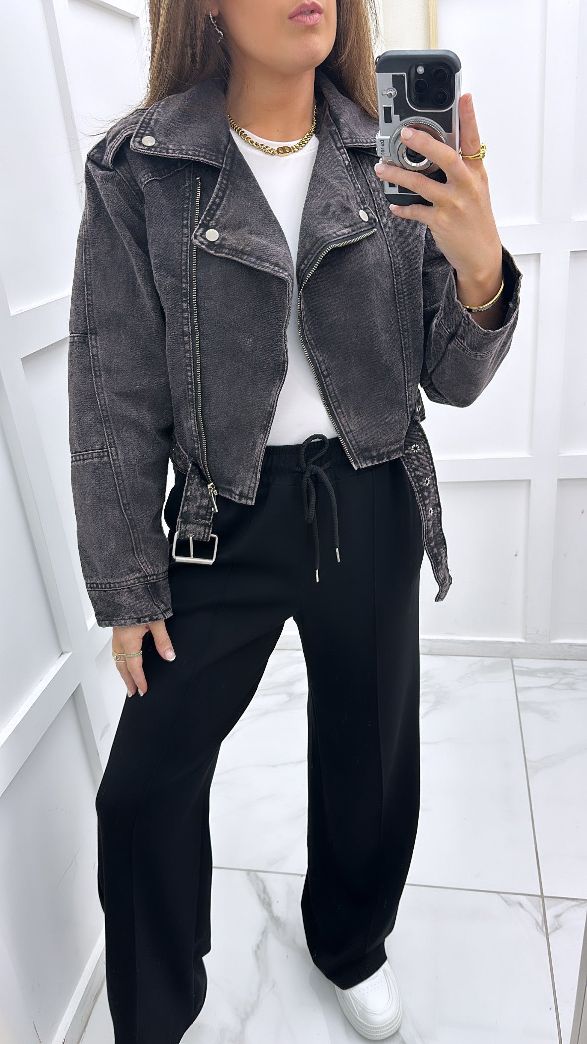 TASHA black denim biker style jacket