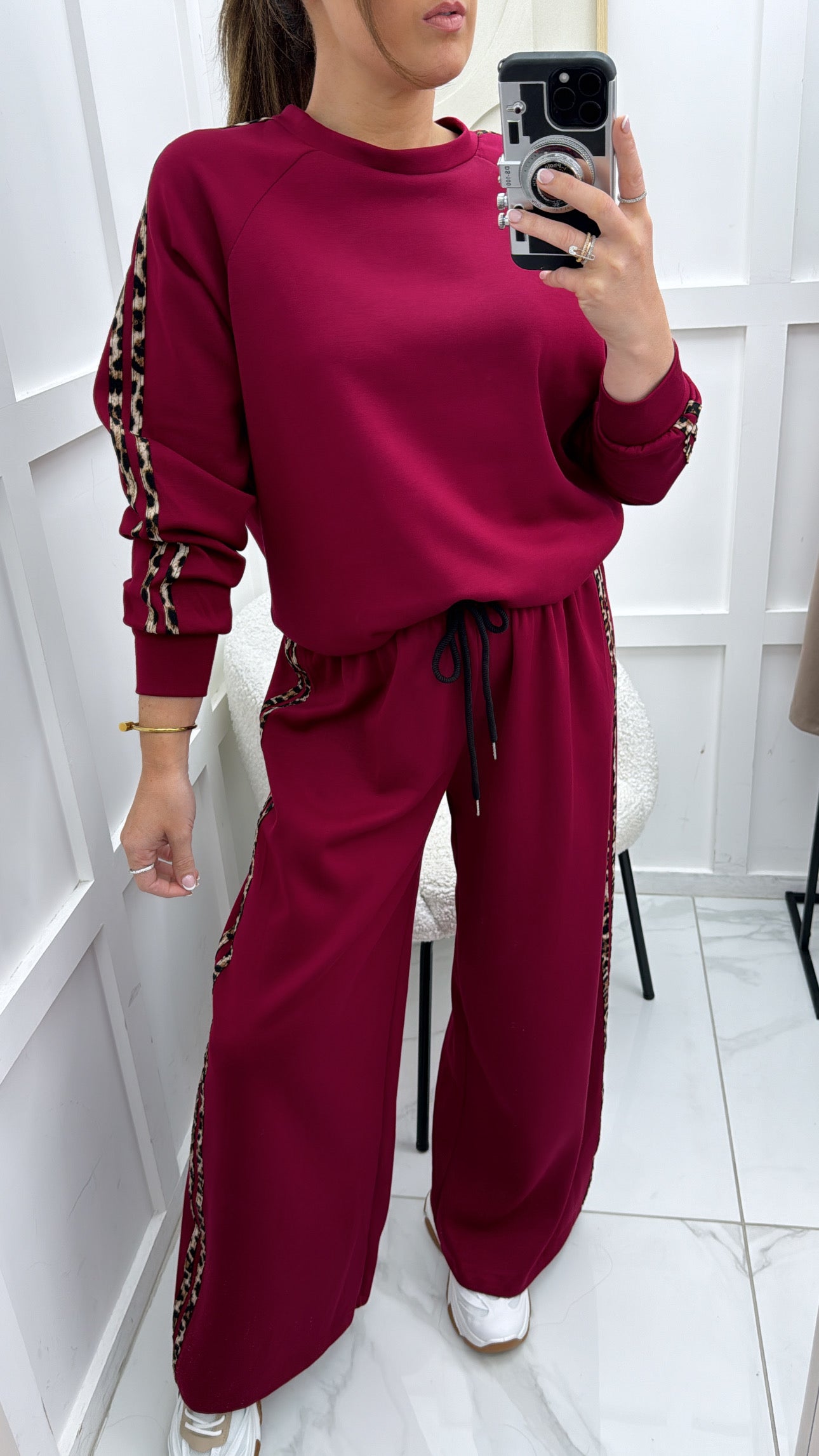 PHOEBE cherry red lounge set with leopard print side stripes