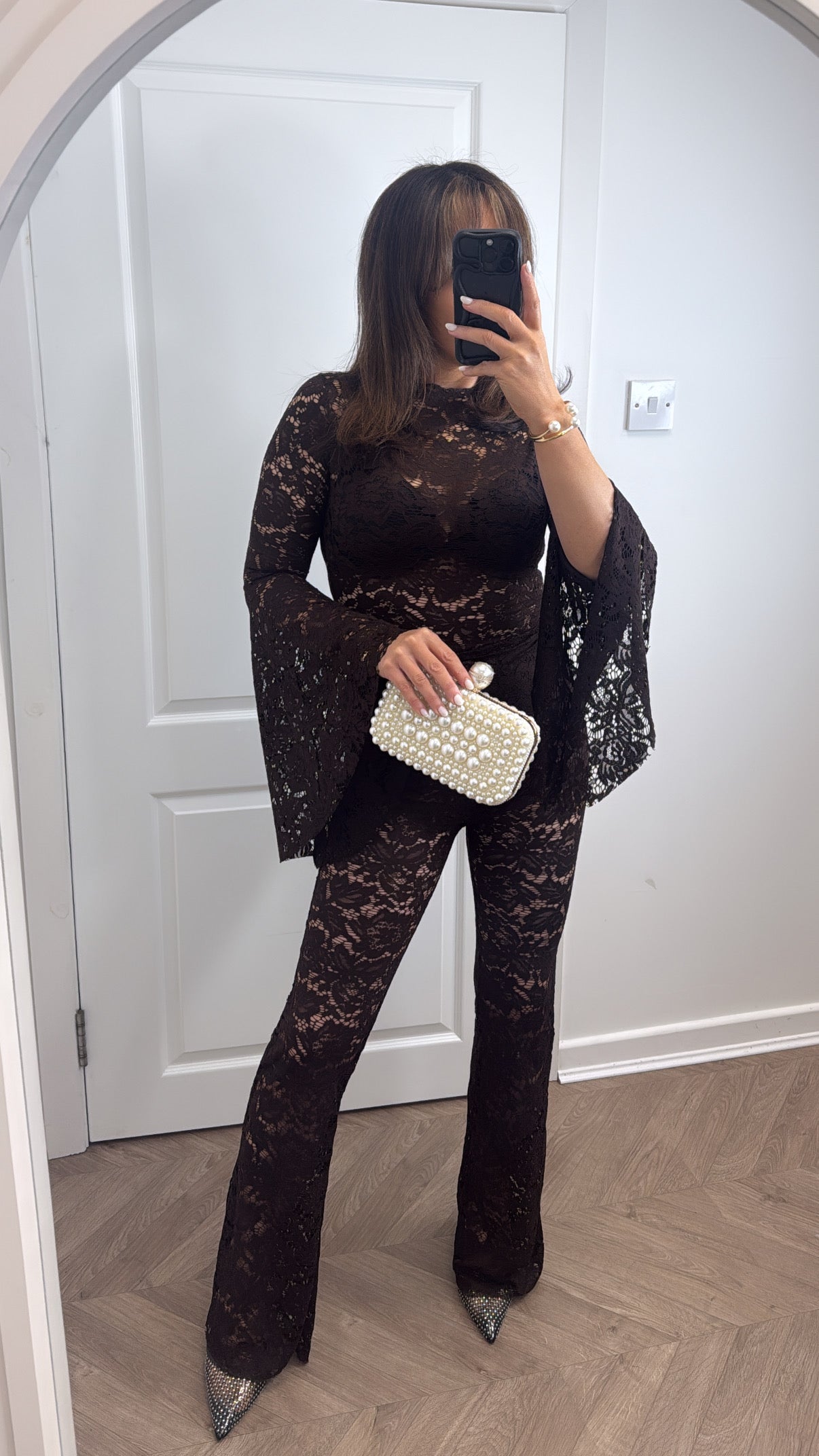 ELLE brown lace top and trousers co-ord