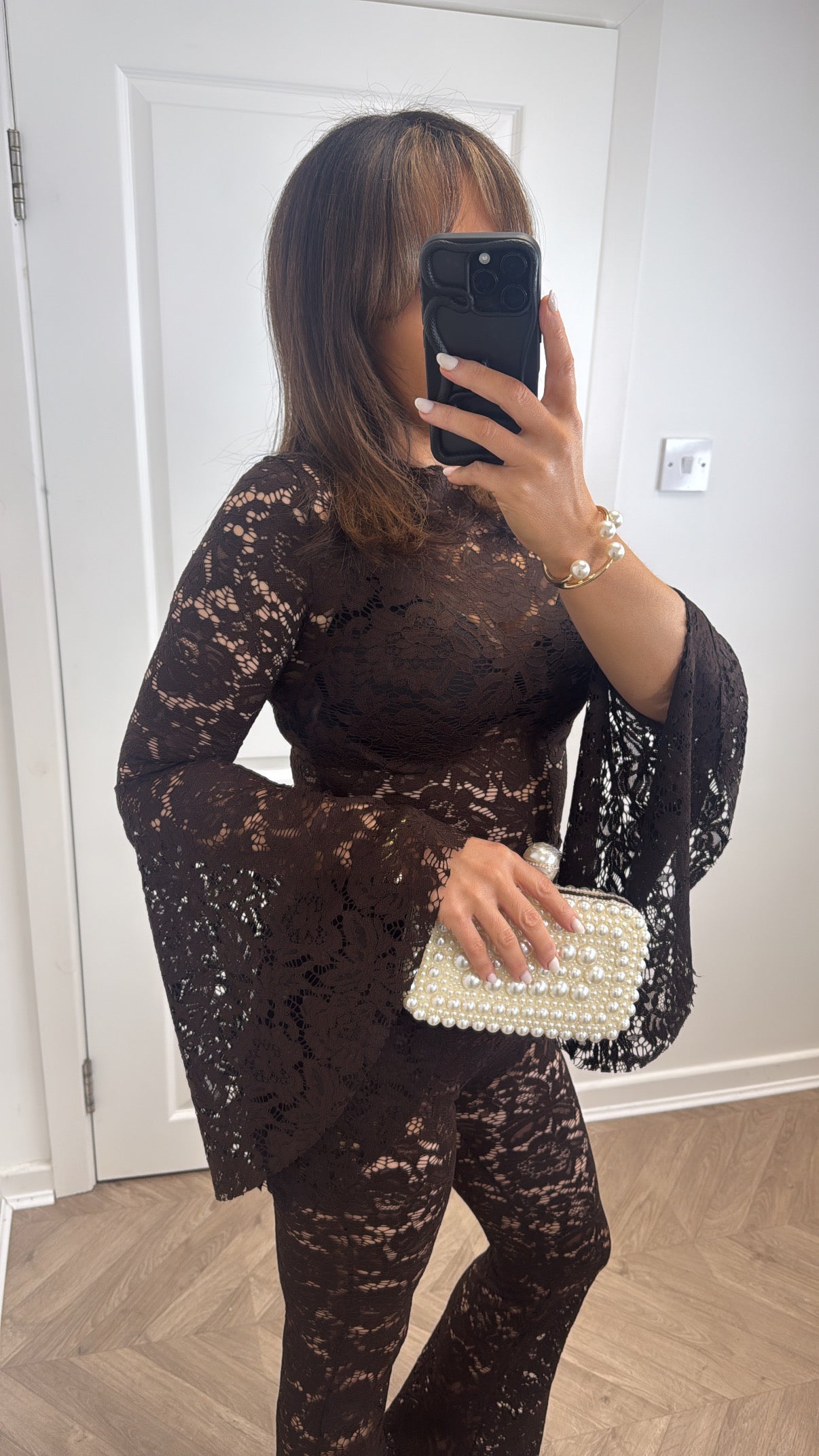 ELLE brown lace top and trousers co-ord