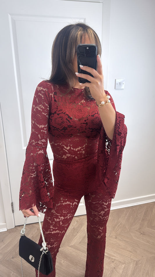 ELLE burgundy lace top and trousers co-ord