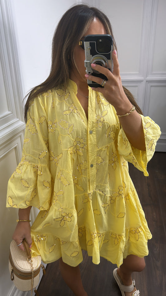 PENELOPE yellow floral sequin smock dress