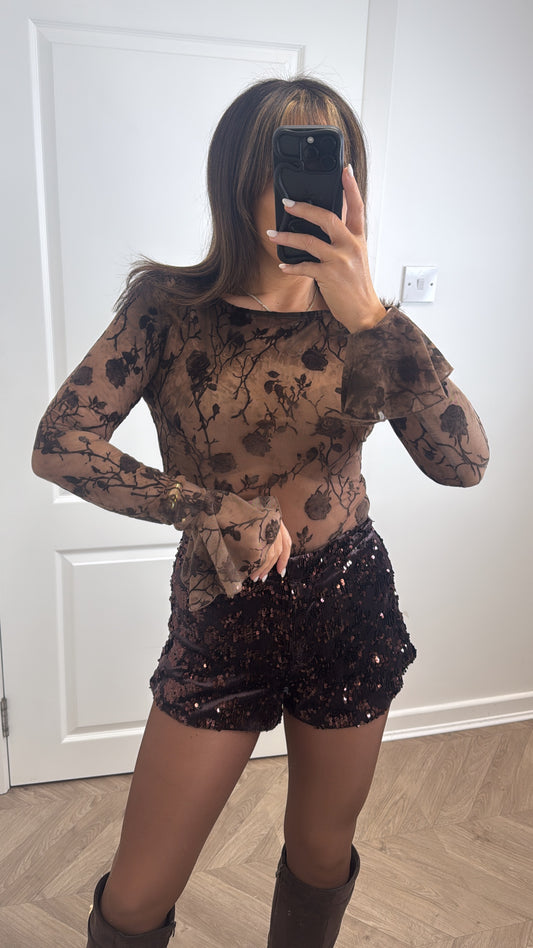 PARKER brown mesh floral bodysuit