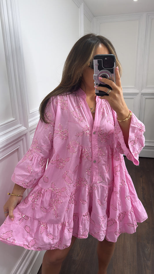 PENELOPE pink floral sequin smock dress