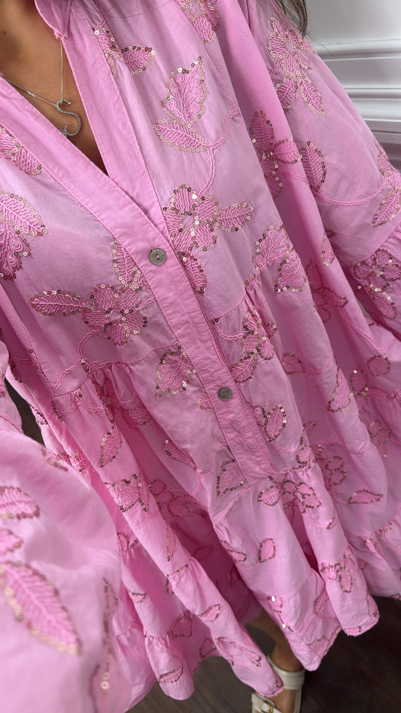 PENELOPE pink floral sequin smock dress