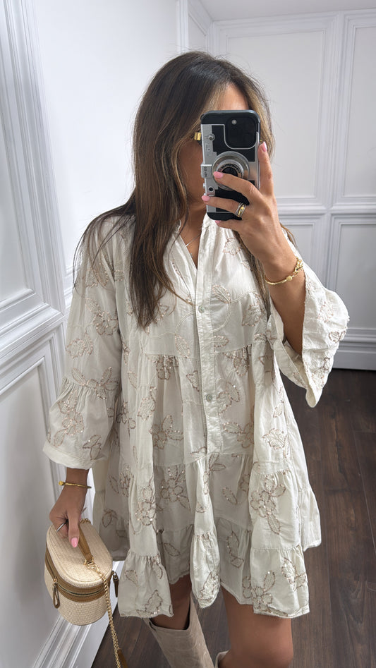 PENELOPE beige floral sequin smock dress