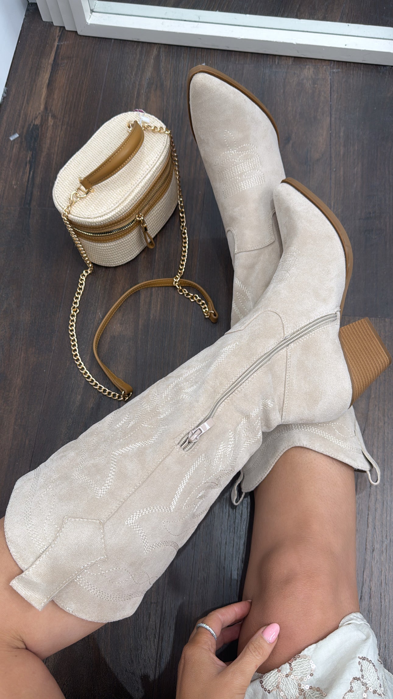BRITNEY beige faux suede western boots