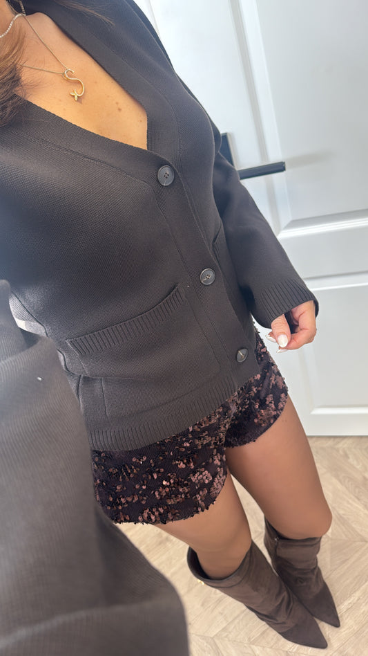 CARLY brown wide sleeve fine knit cardigan