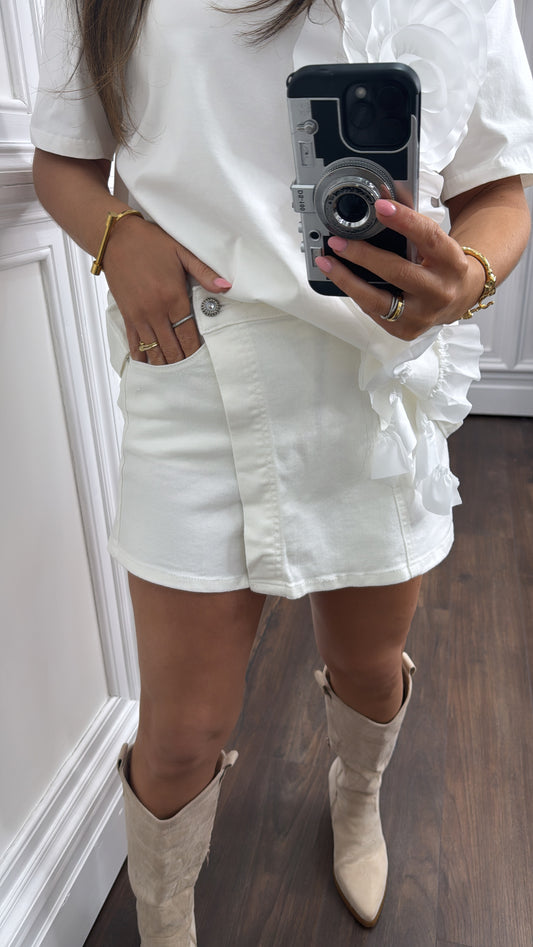 OLIVE white denim crystal button skort