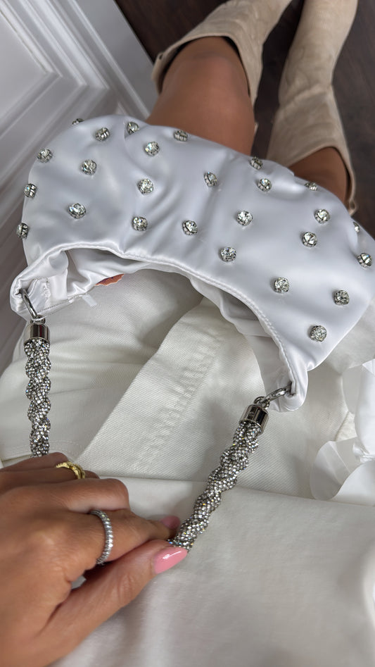 MELANIE white satin diamante bag