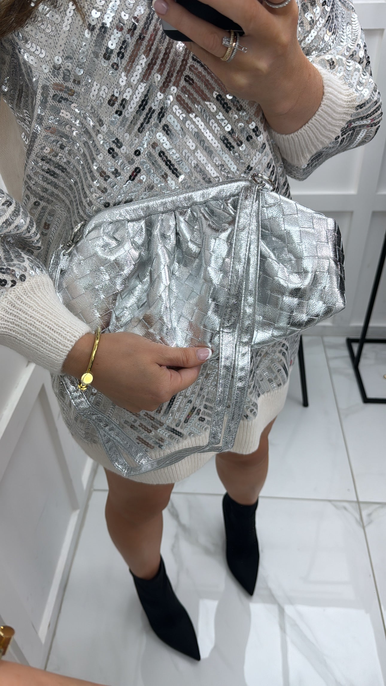 MELODY silver metallic woven shoulder bag