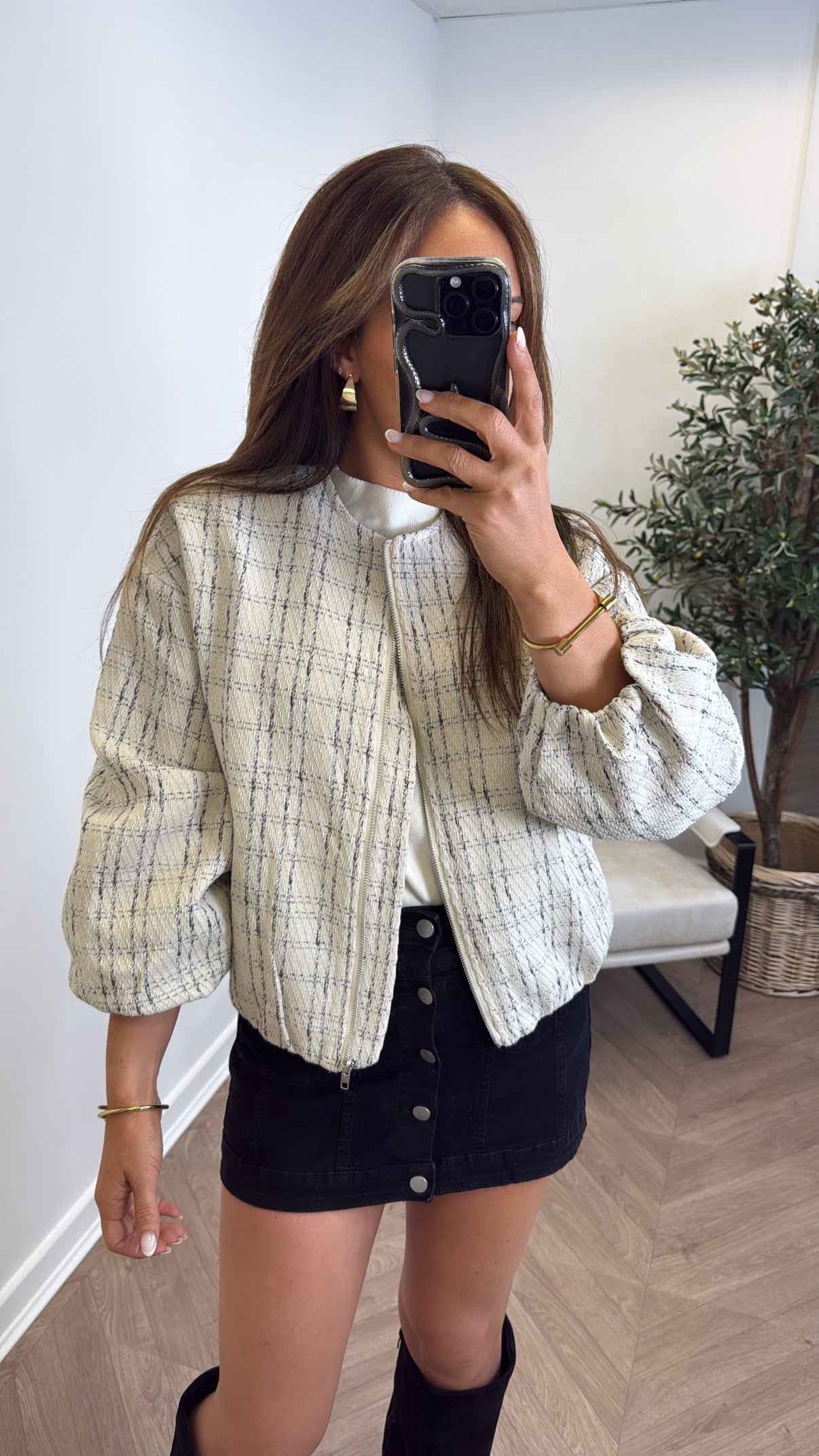 LORNA cream textured bomber jacket