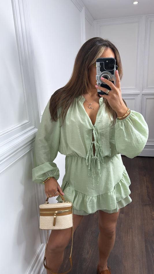 LORETTA apple green tie front playsuit