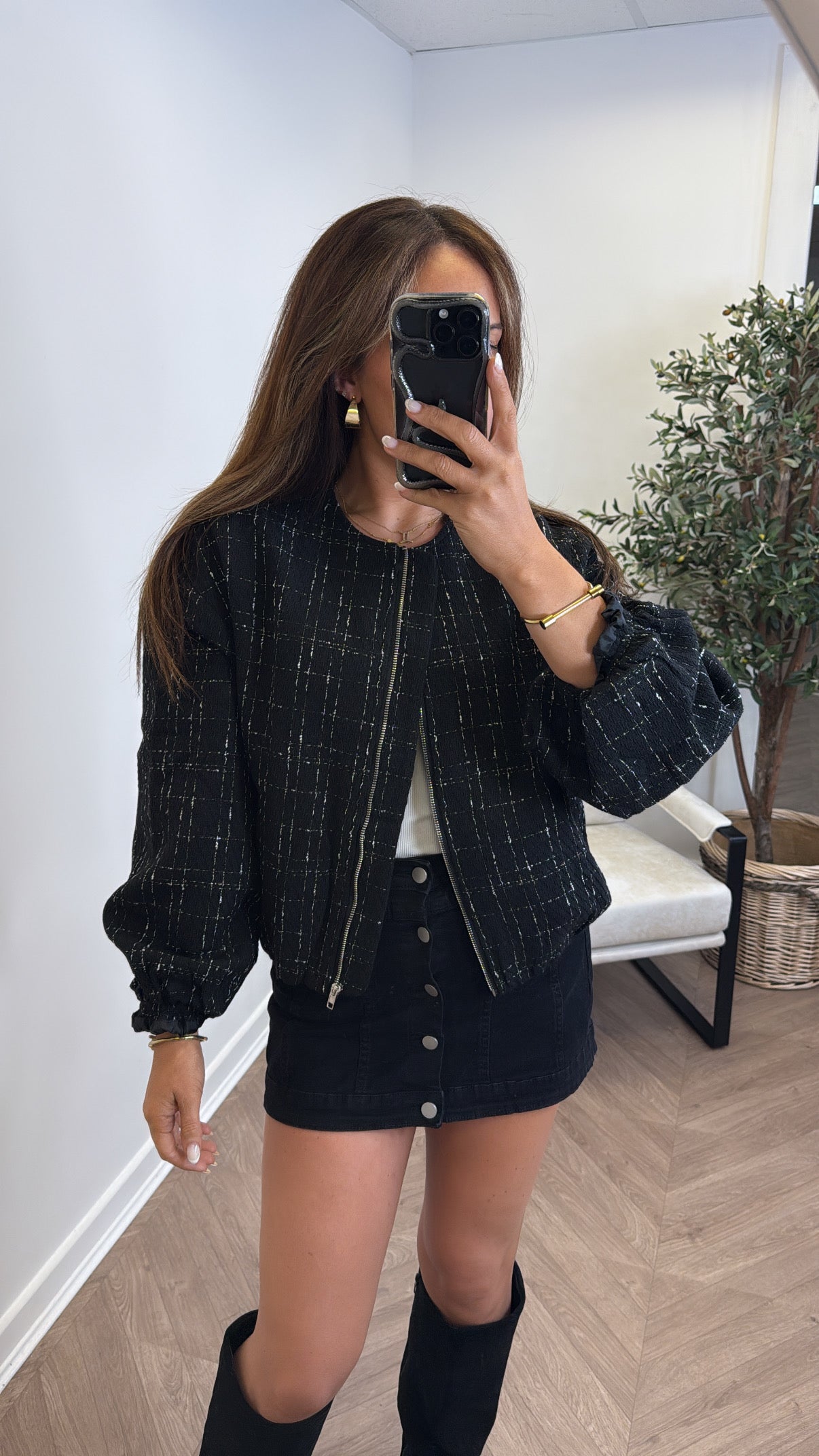 LORNA black textured bomber jacket