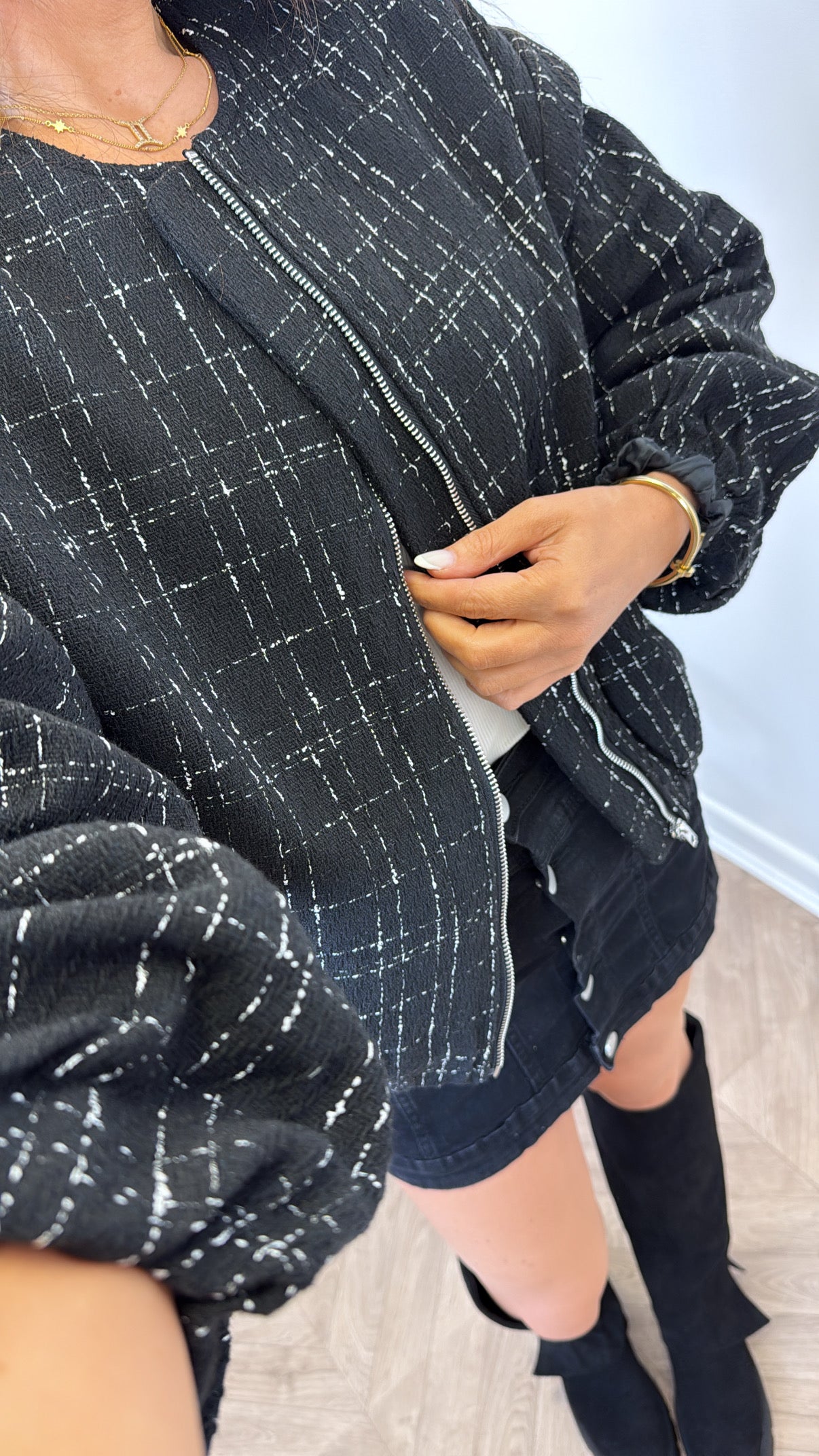 LORNA black textured bomber jacket