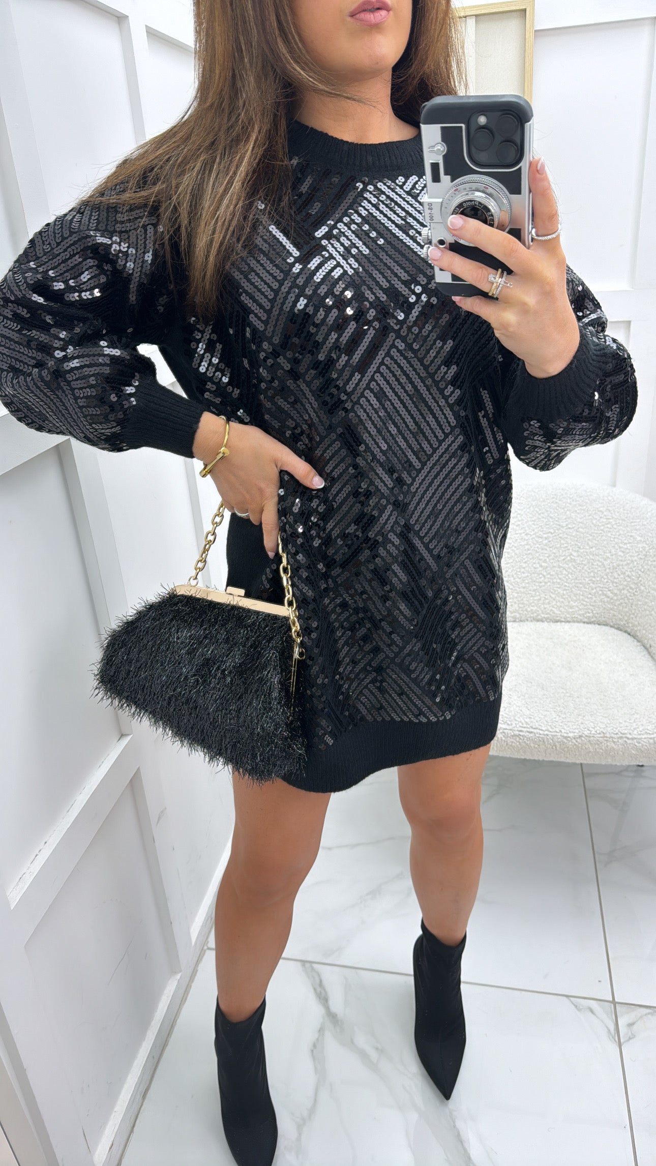 NATASHA black sequin embellished jumper dress