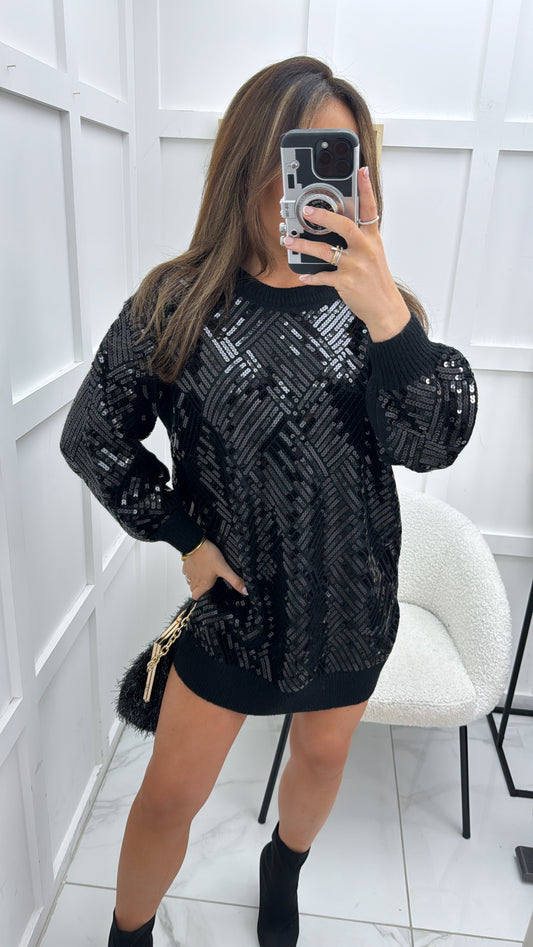 NATASHA black sequin embellished jumper dress