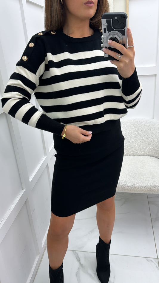 EVELYN black and cream stripe jumper overlay knit dress