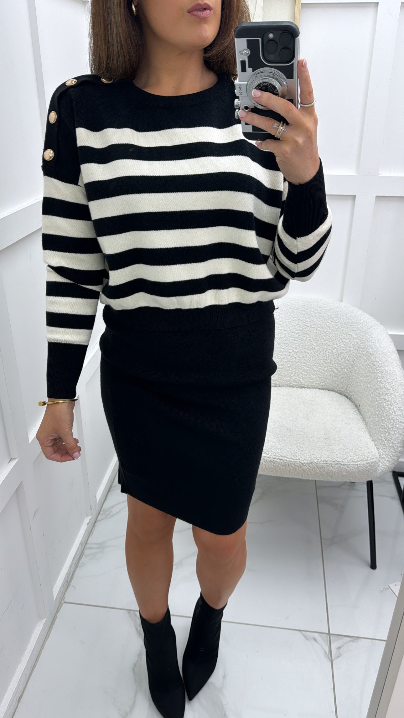 EVELYN black and cream stripe jumper overlay knit dress