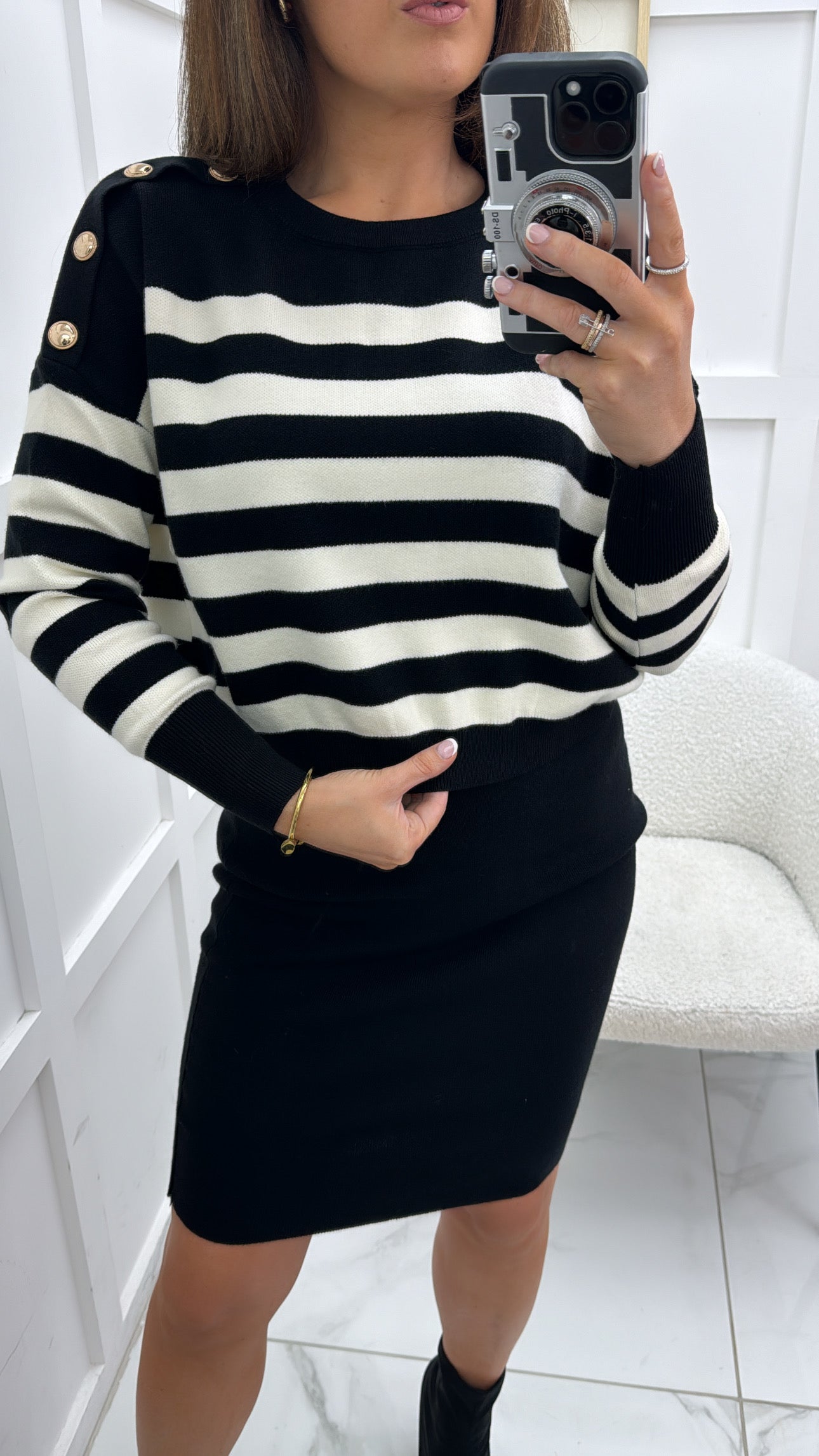 EVELYN black and cream stripe jumper overlay knit dress