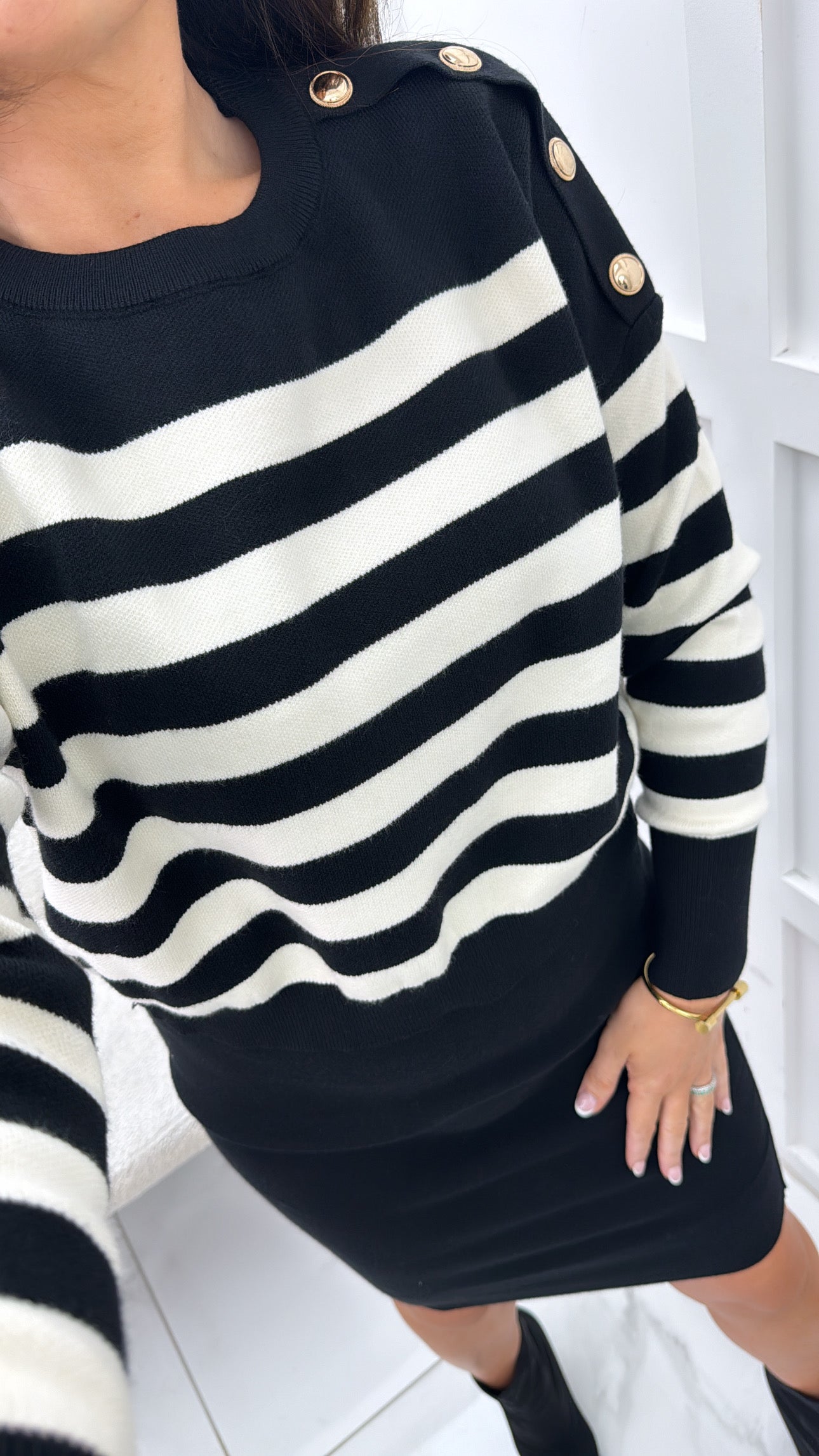 EVELYN black and cream stripe jumper overlay knit dress