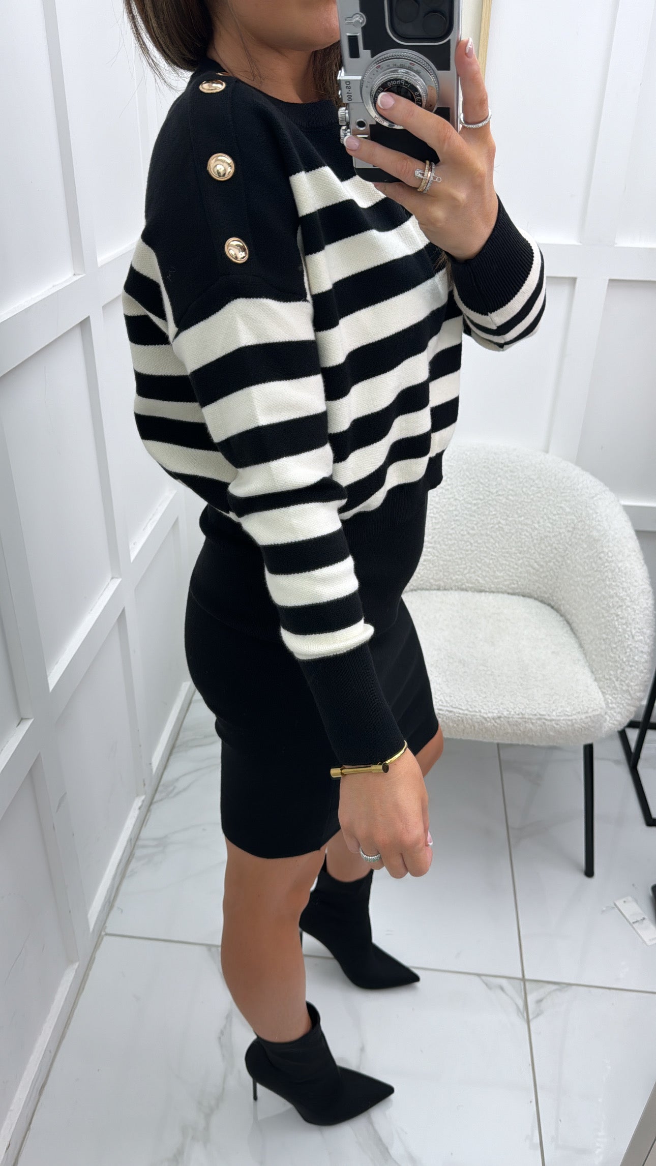 EVELYN black and cream stripe jumper overlay knit dress