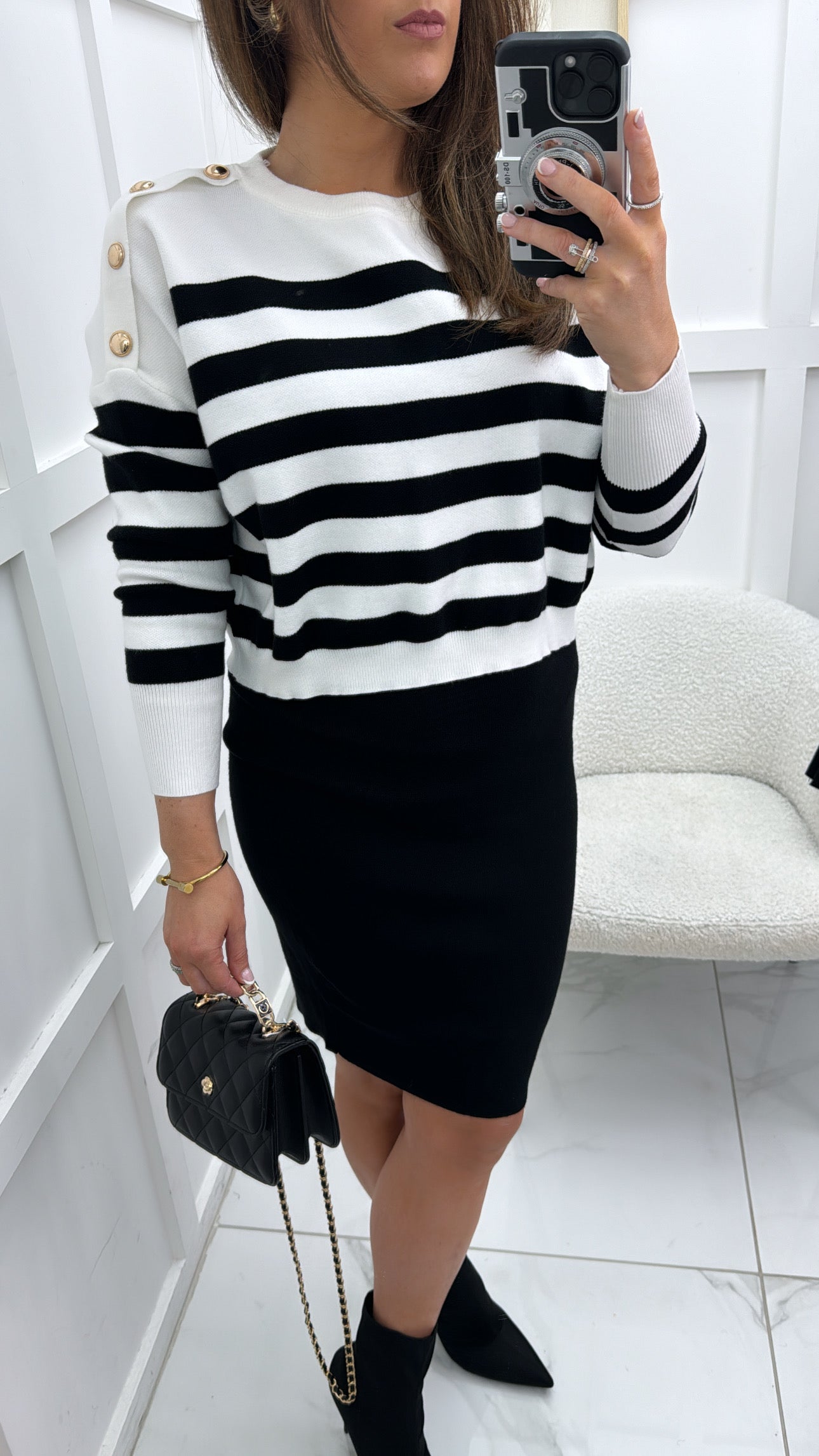 EVELYN white and black stripe jumper overlay knit dress