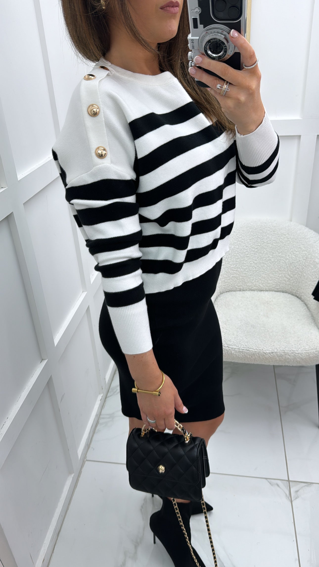 EVELYN white and black stripe jumper overlay knit dress