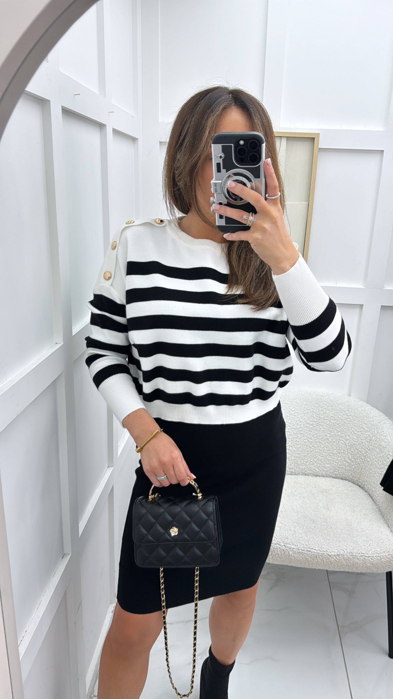 EVELYN white and black stripe jumper overlay knit dress