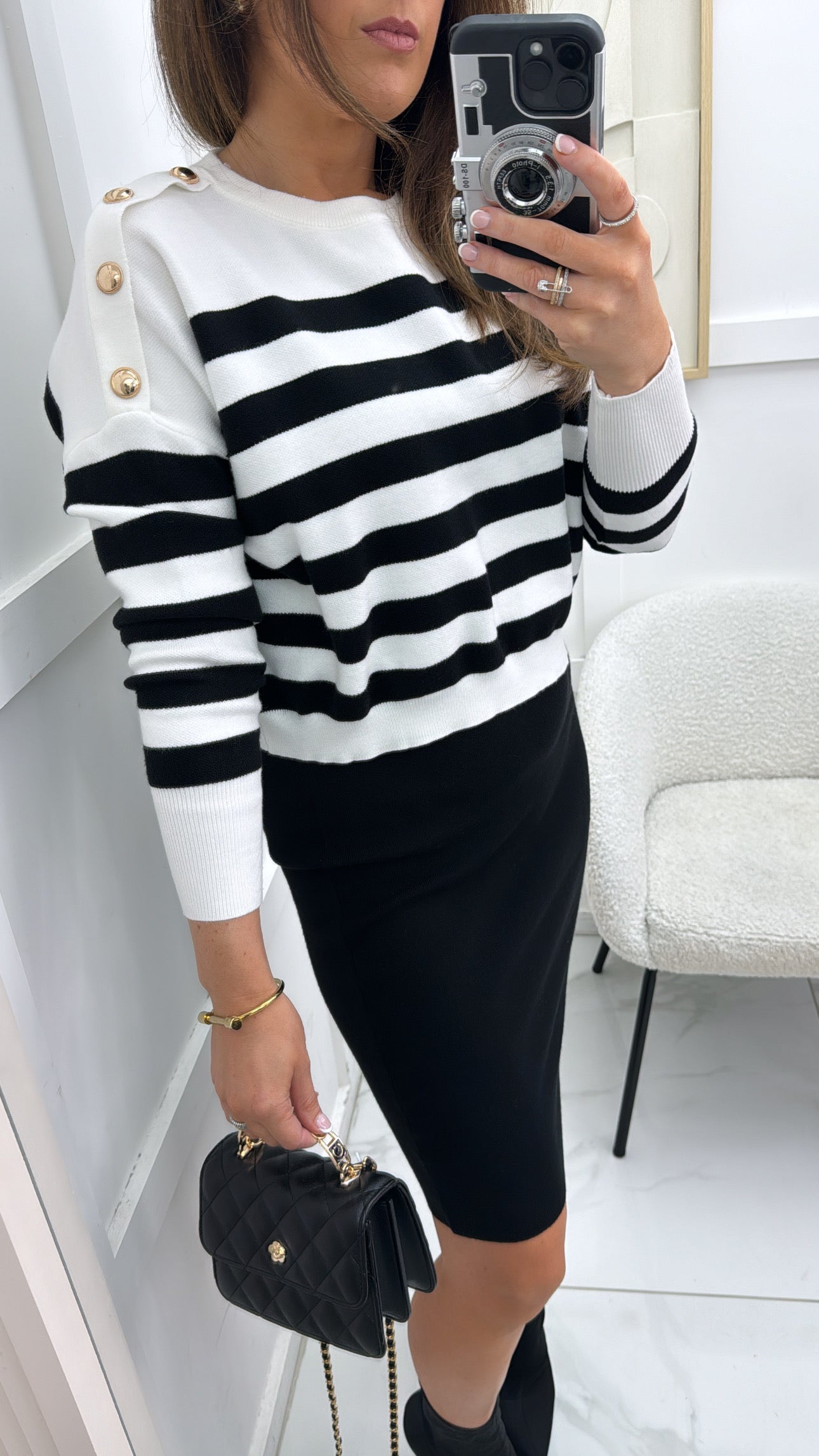 EVELYN white and black stripe jumper overlay knit dress