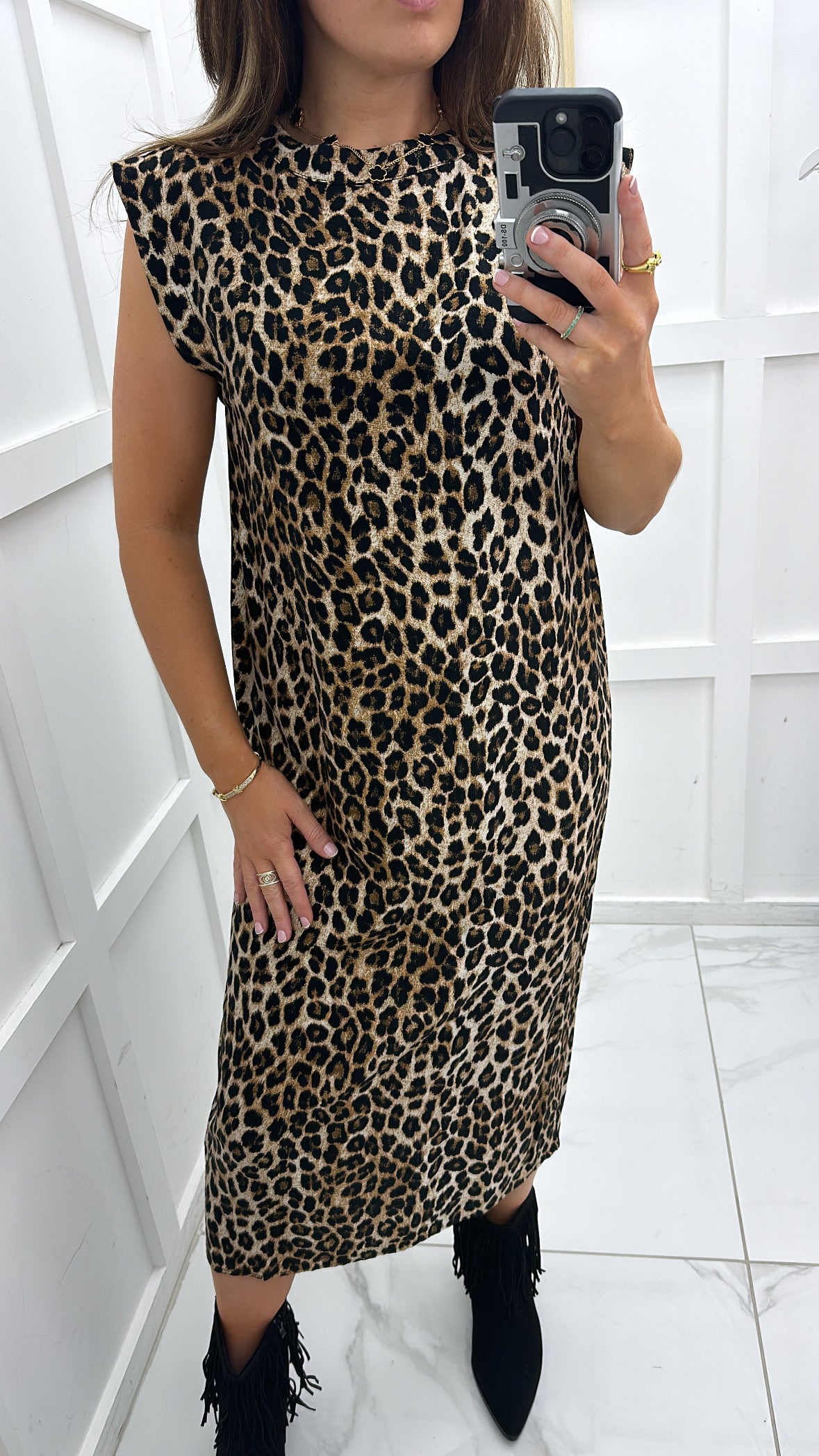 ALEXA leopard print sleeveless midi dress