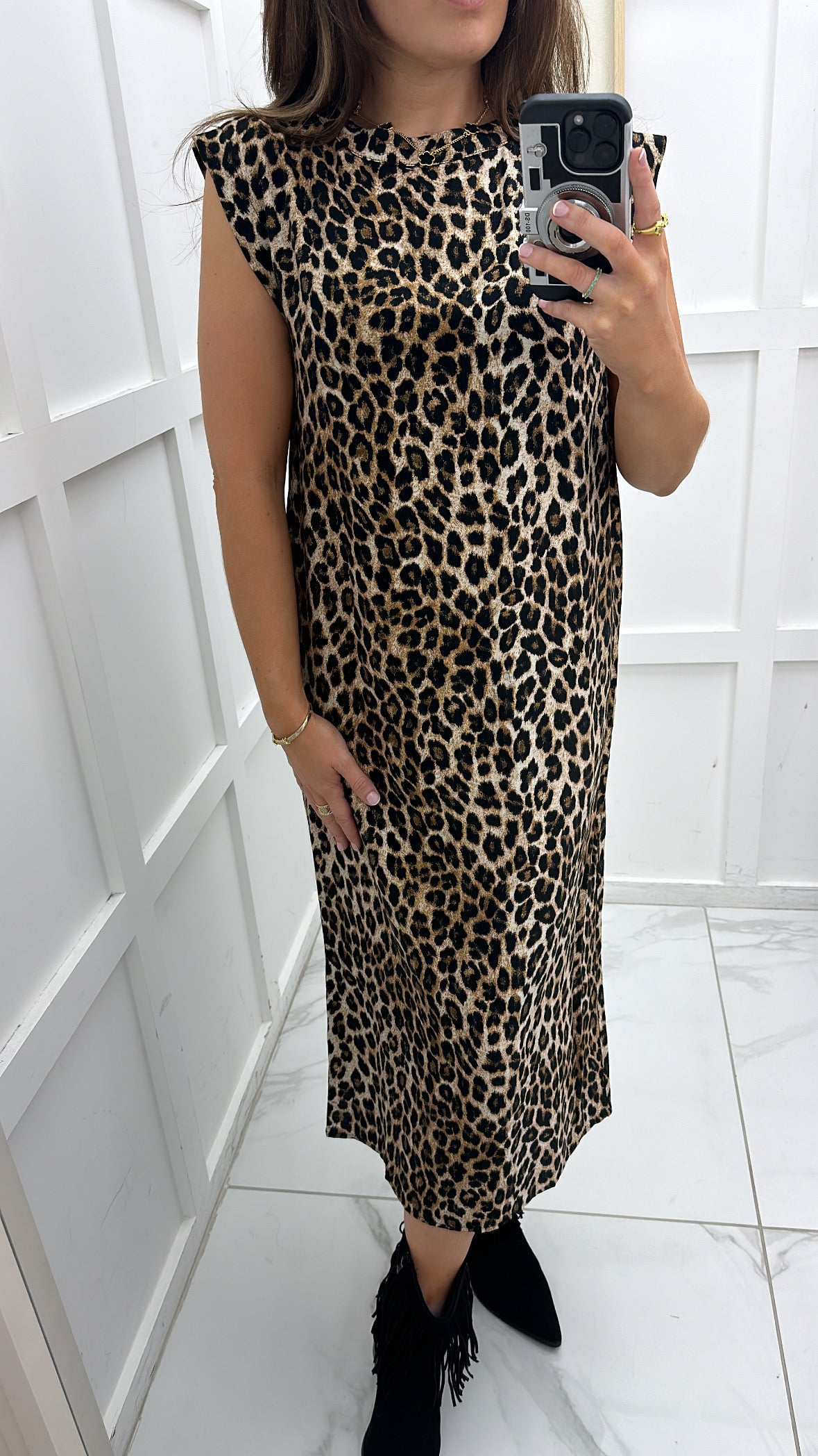 ALEXA leopard print sleeveless midi dress