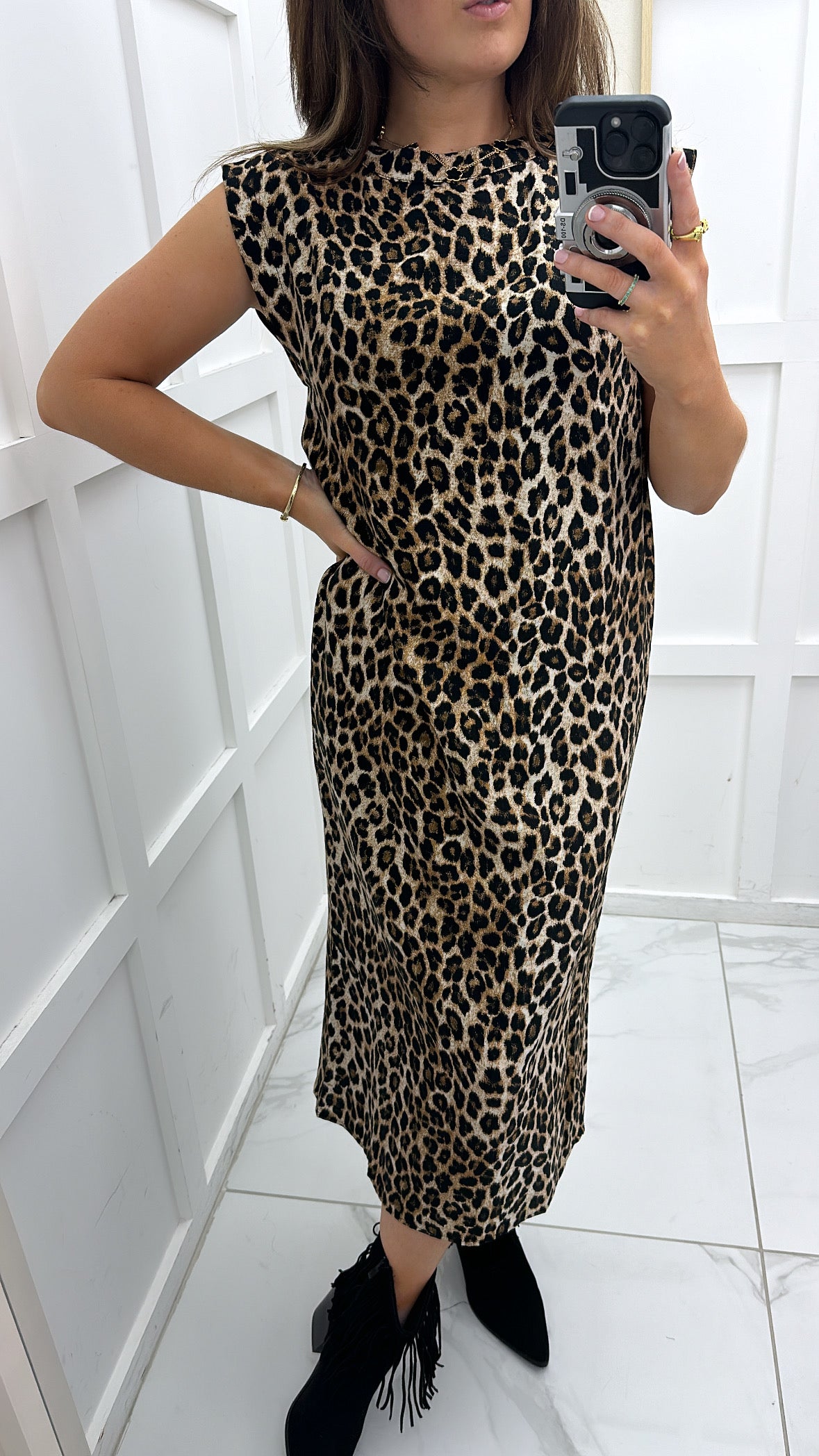 ALEXA leopard print sleeveless midi dress