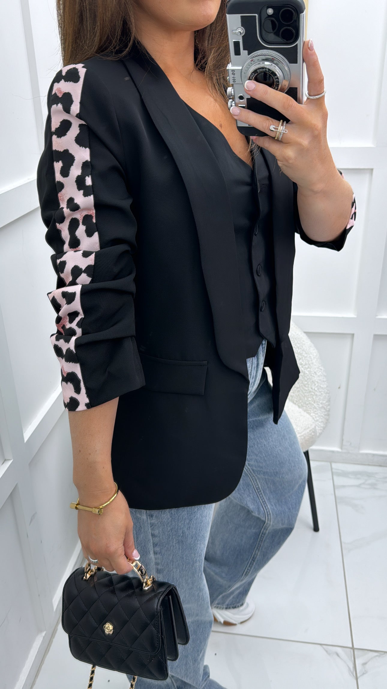 CHLOE black blazer with nude leopard print ruched sleeves