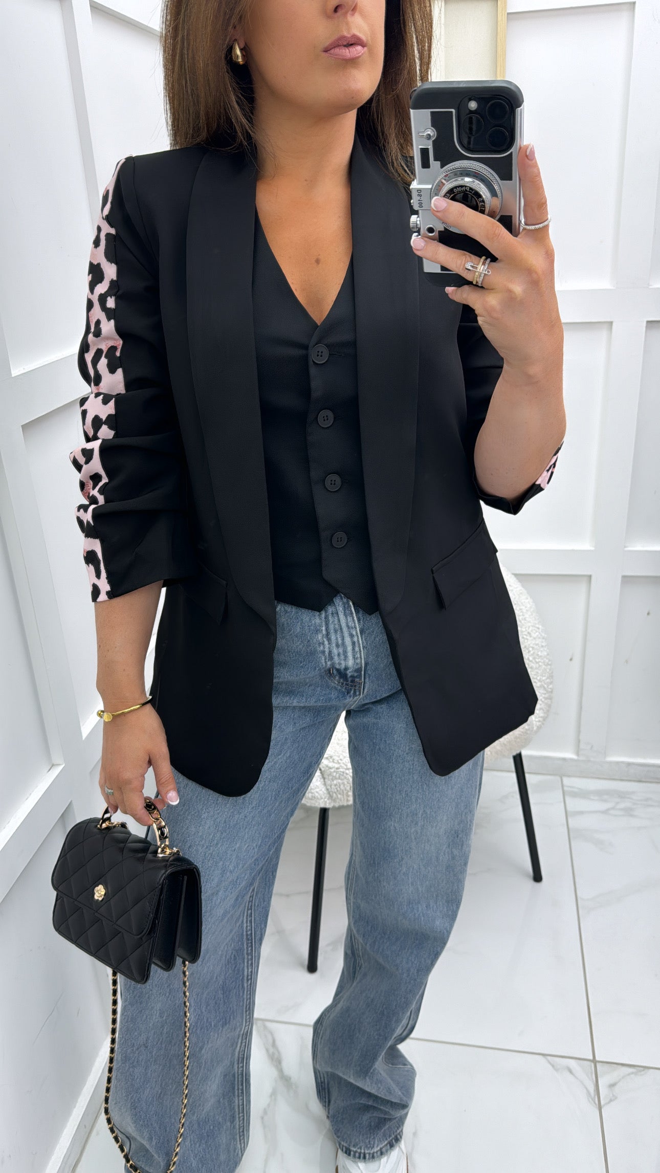 CHLOE black blazer with nude leopard print ruched sleeves