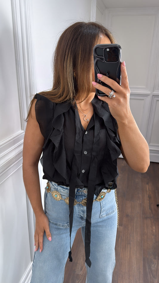 ERIN black sheer ruffle detail sleeveless shirt