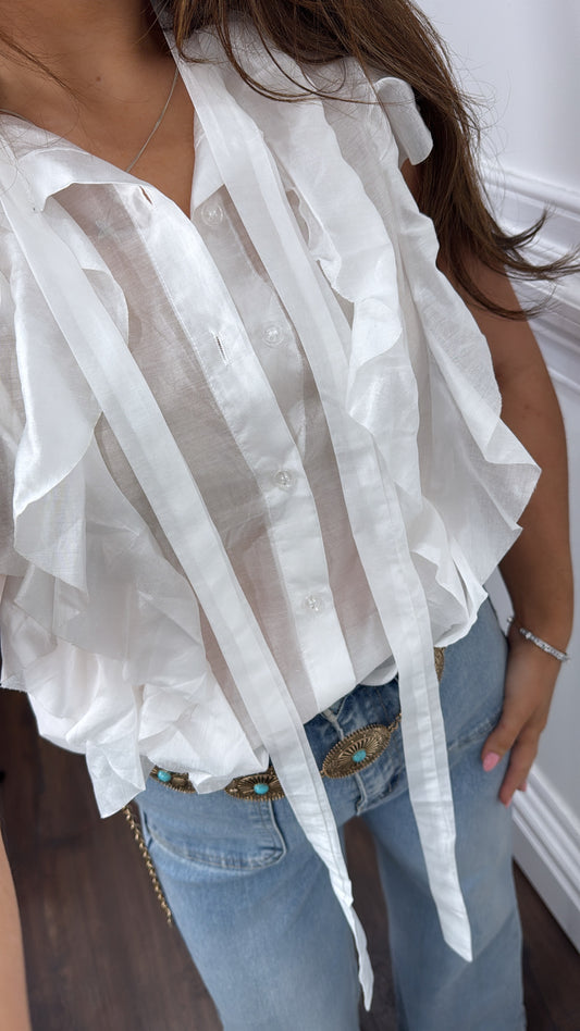 ERIN white sheer ruffle detail sleeveless shirt