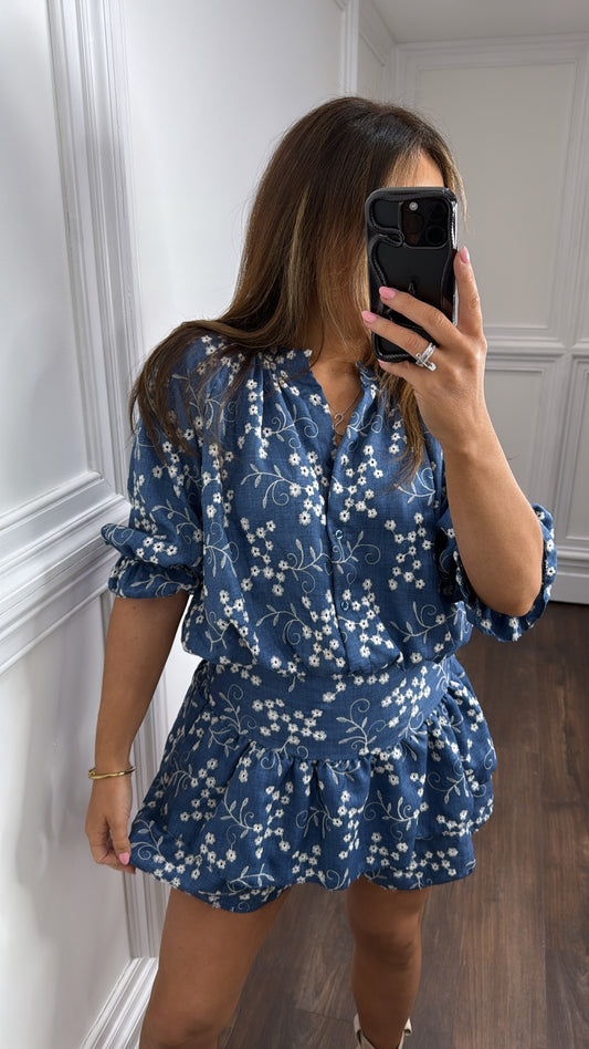 EBONIE blue embroidered detail playsuit