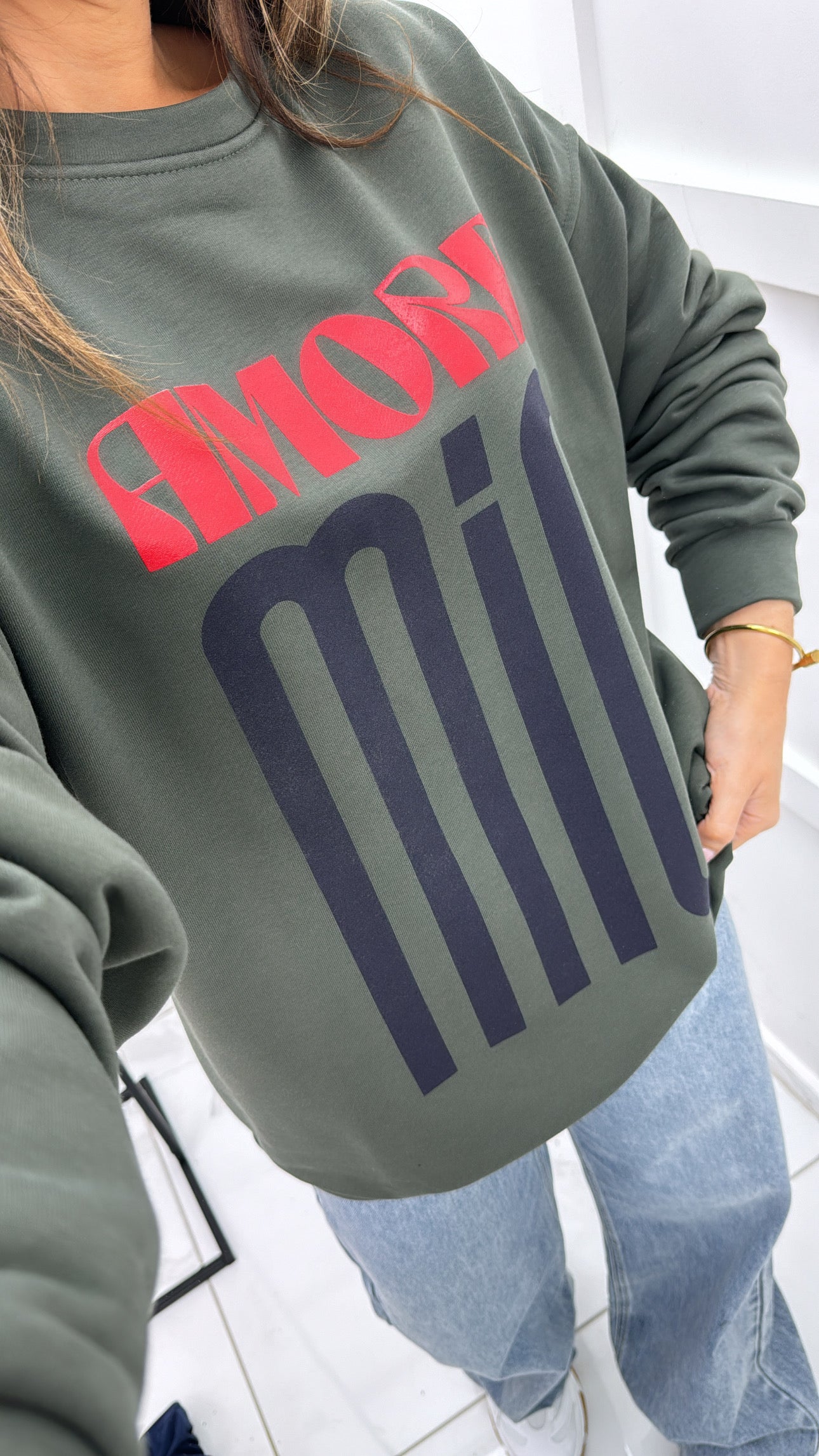 AMORE MIO khaki slogan sweatshirt