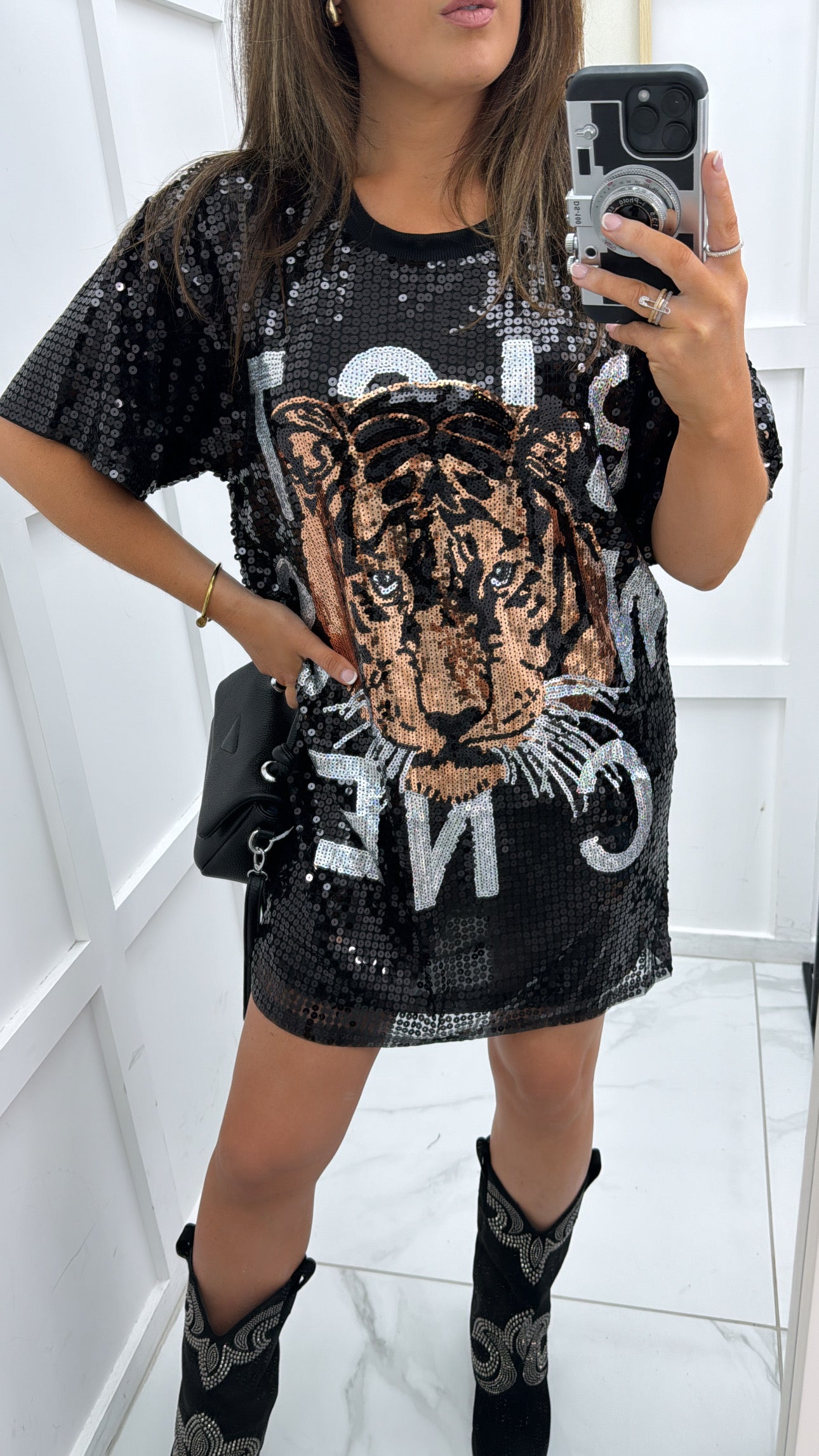 MARNI black sequin embellished tiger dress