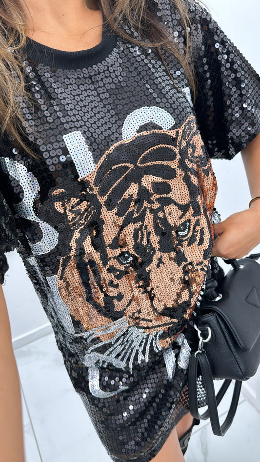 MARNI black sequin embellished tiger dress